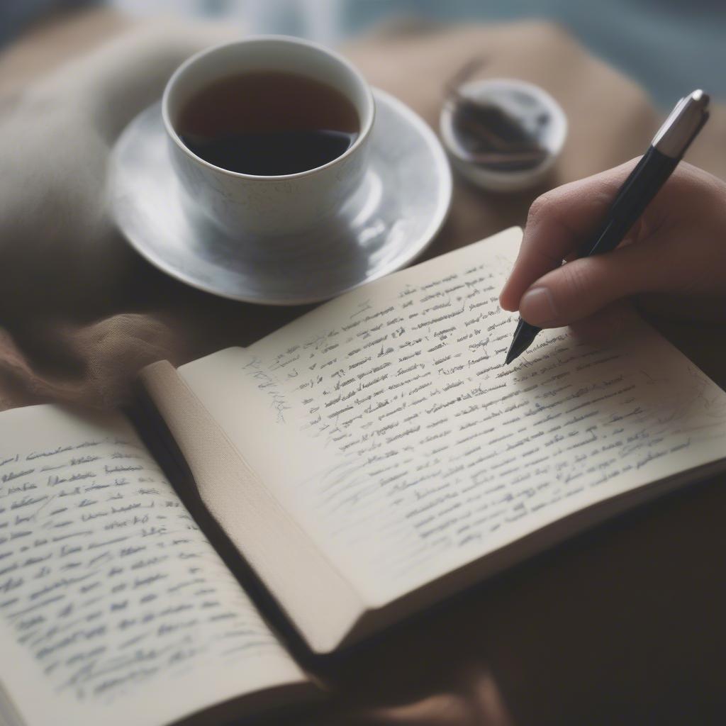 A person writing pyar poetry in a notebook, with a cup of tea and a pen.