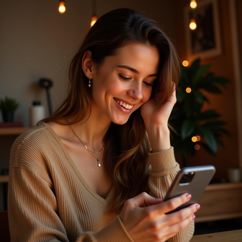 A woman smiling while sending a text message on her phone, implying sharing a pyari shayari