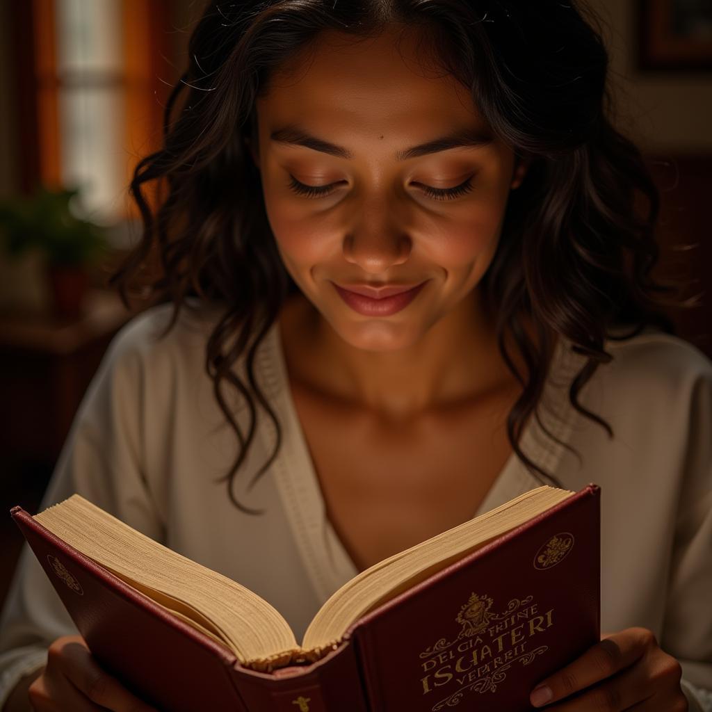 A devotee immersed in reading Radha Krishna shayari, finding solace and inspiration in the verses.