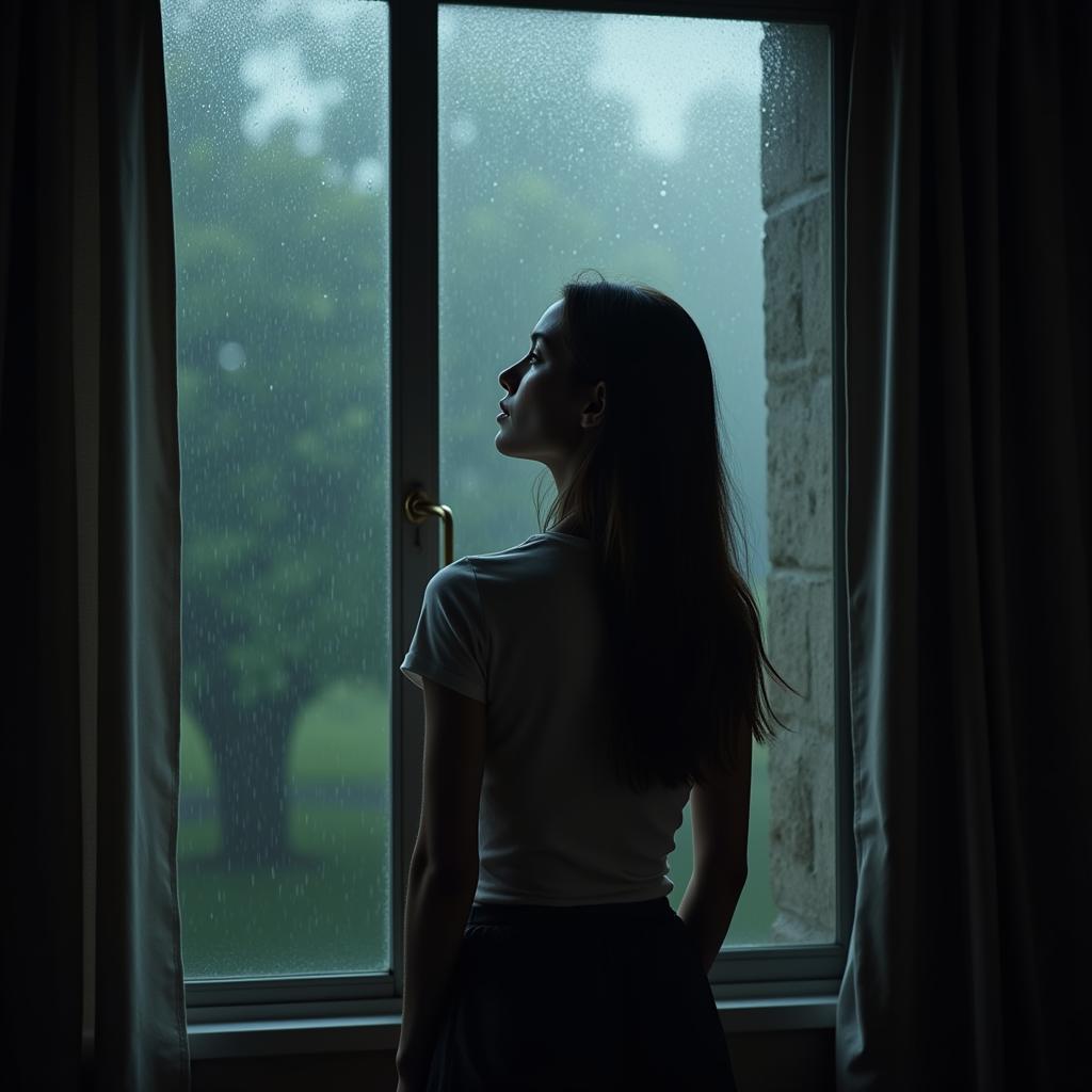 Woman Looking Out Window During Rain