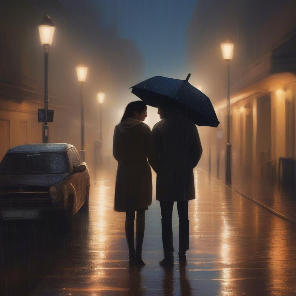 Couple Sharing Umbrella on a Rainy Day