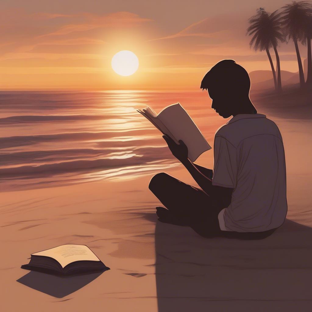 A person reading love sayri on a beach at sunset, illustrating the emotional connection and reflection that romantic verses can evoke.