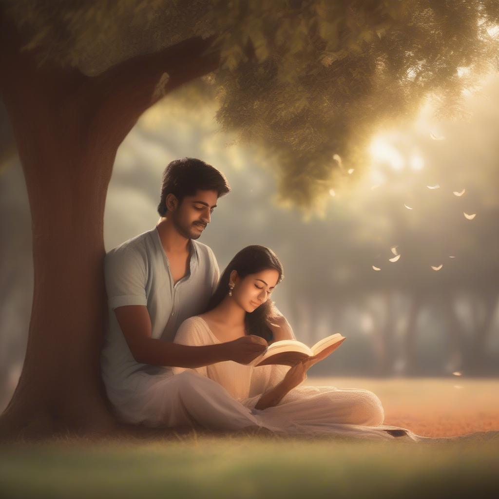 Couple reading Hindi poetry together under a tree