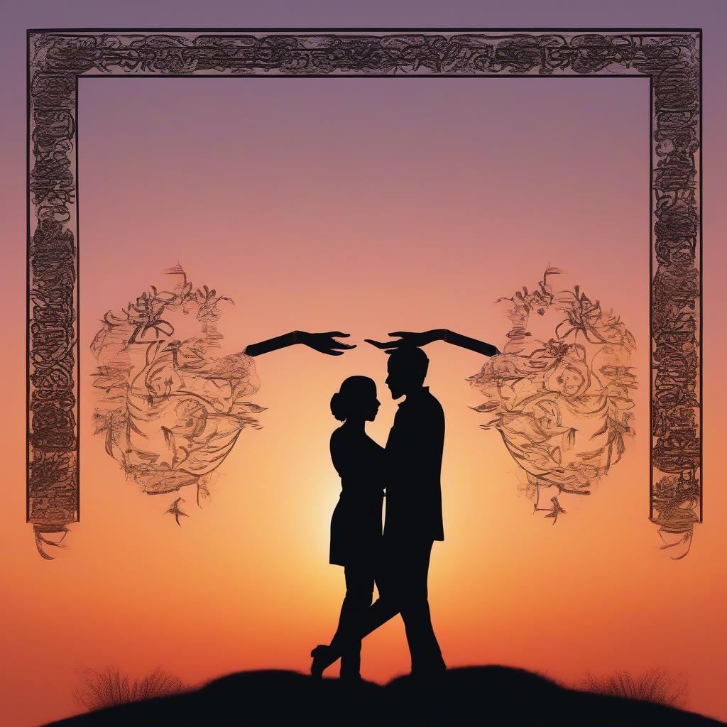 Silhouette of a couple holding hands against a vibrant sunset backdrop. Hindi calligraphy subtly frames the scene, symbolizing romantic words shared under the setting sun.