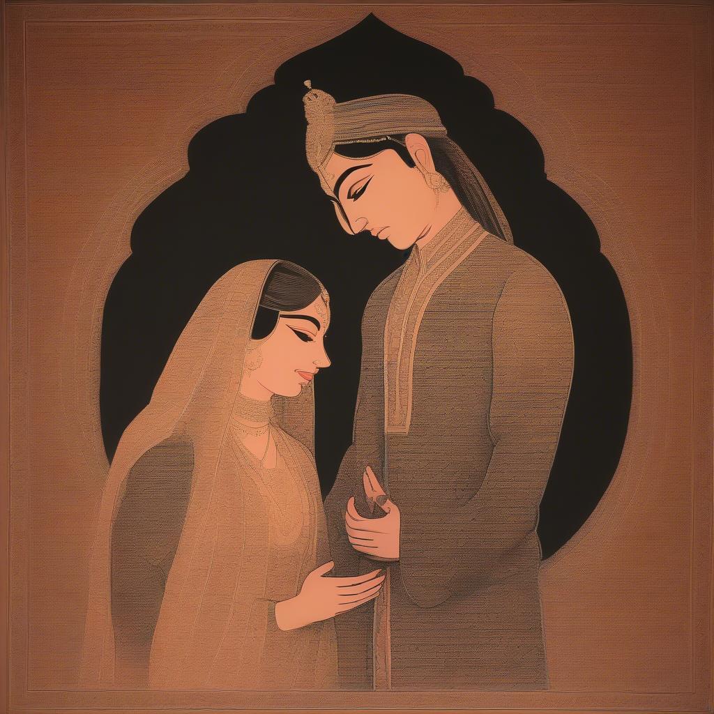 A couple gazing lovingly at each other, surrounded by a soft, romantic glow. Hindi script overlays the image, hinting at poetic verses.