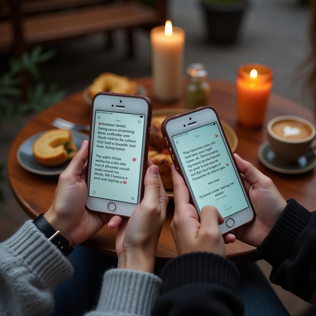 Couple exchanging romantic shayari messages on their phones.