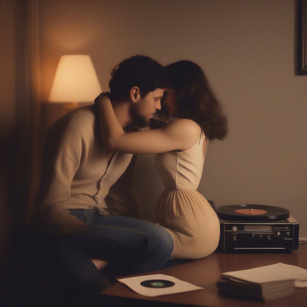 Music and Memories: A couple embracing while a vinyl record plays in the background.