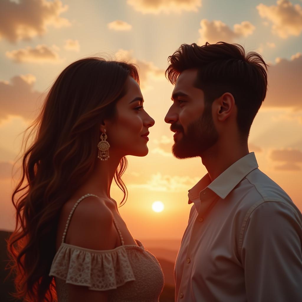 A couple gazing into each other's eyes, depicting the depth of romantic nazar shayari