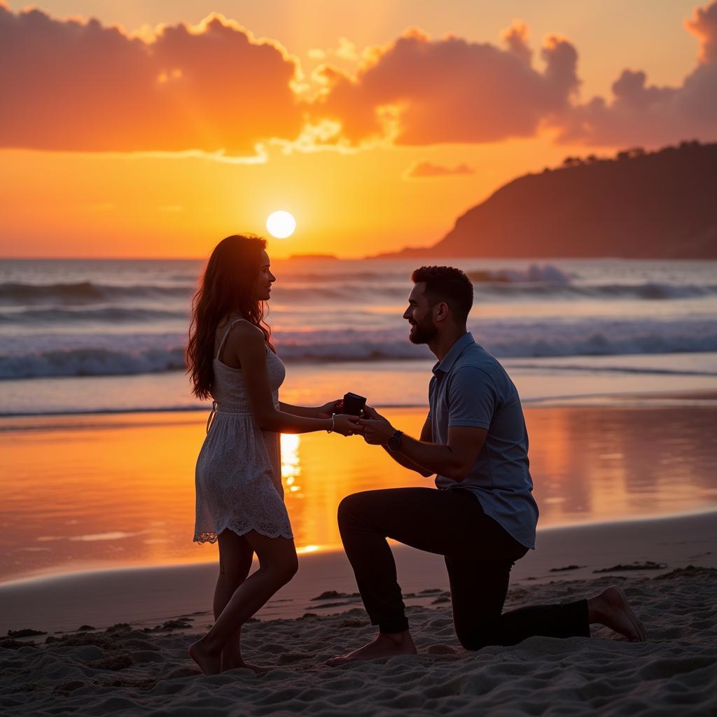 Couple embracing during a romantic proposal on a beach at sunset.