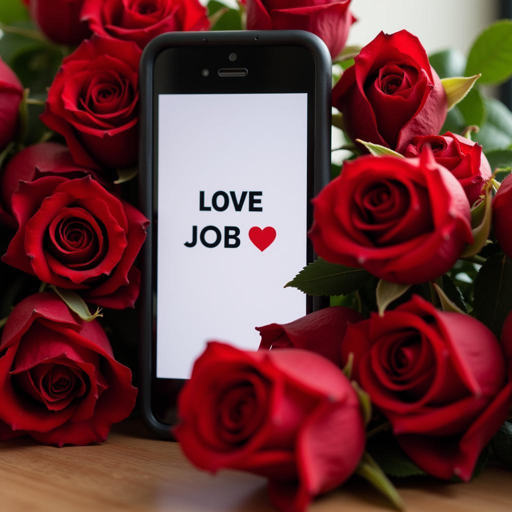 A phone screen displaying a love message, with a bouquet of roses in the foreground