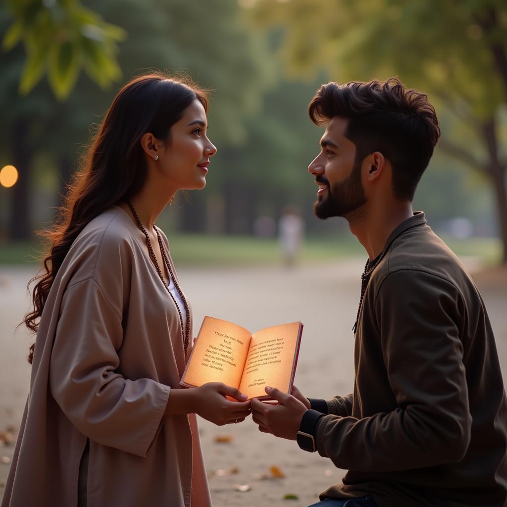 Romantic Shayari Proposal: A man kneeling down to propose to his girlfriend, with a romantic shayari written on a card.