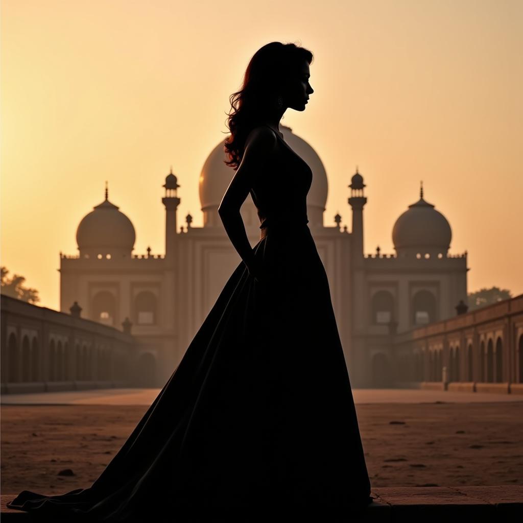 A woman standing tall against a backdrop of a majestic palace, symbolizing inner strength and royalty.