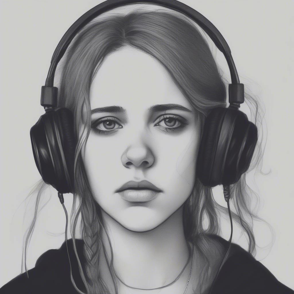 A sad girl listening to music on her phone