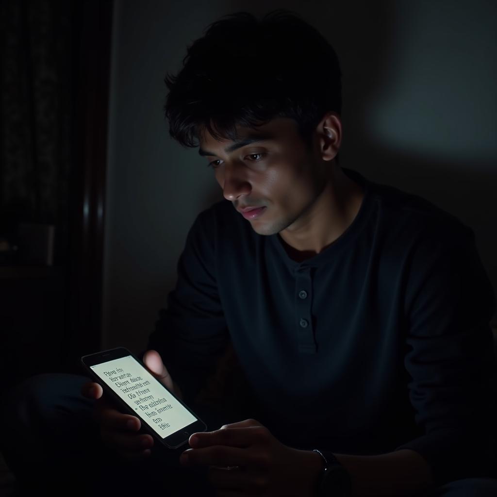 Sad Boy Looking at Shayari on Phone