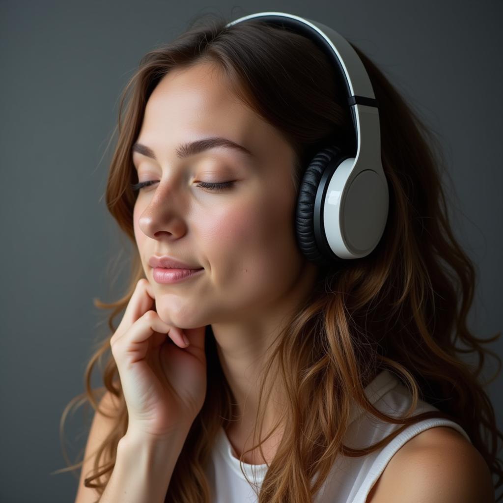 A young woman listening to music with her eyes closed, seemingly finding comfort.