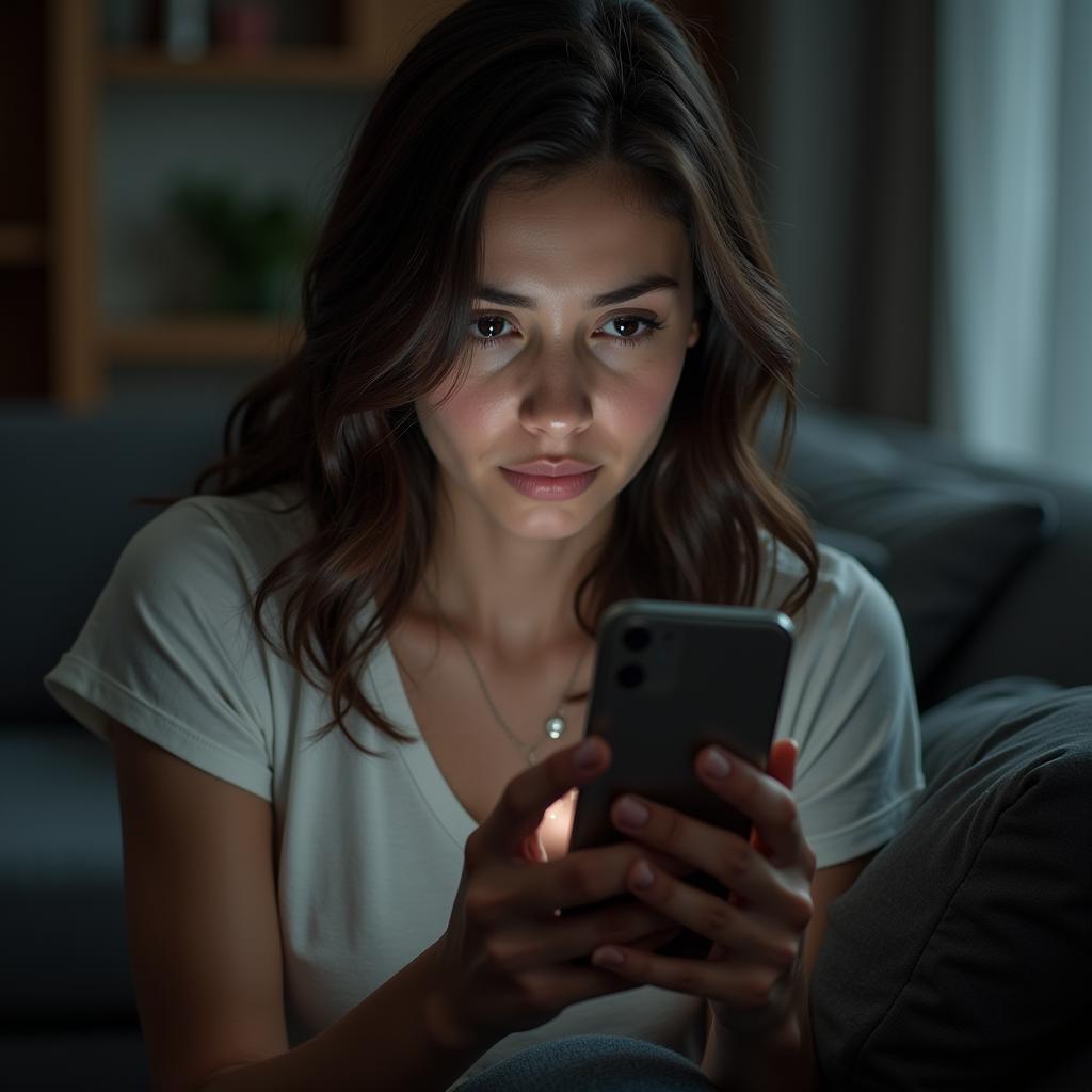 A sad mother looking at her phone, updating her status about her feelings