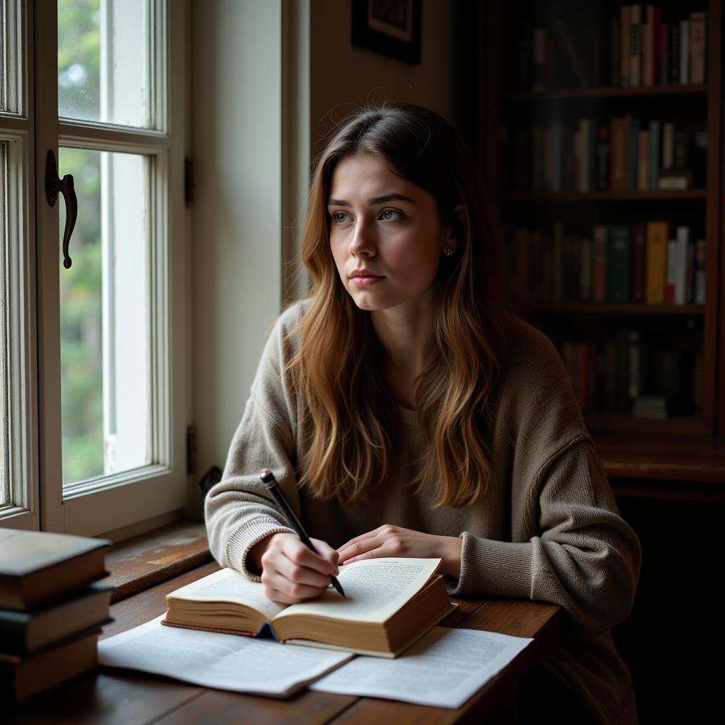 A young woman writing sad shayari in a diary, expressing her emotions through poetry.