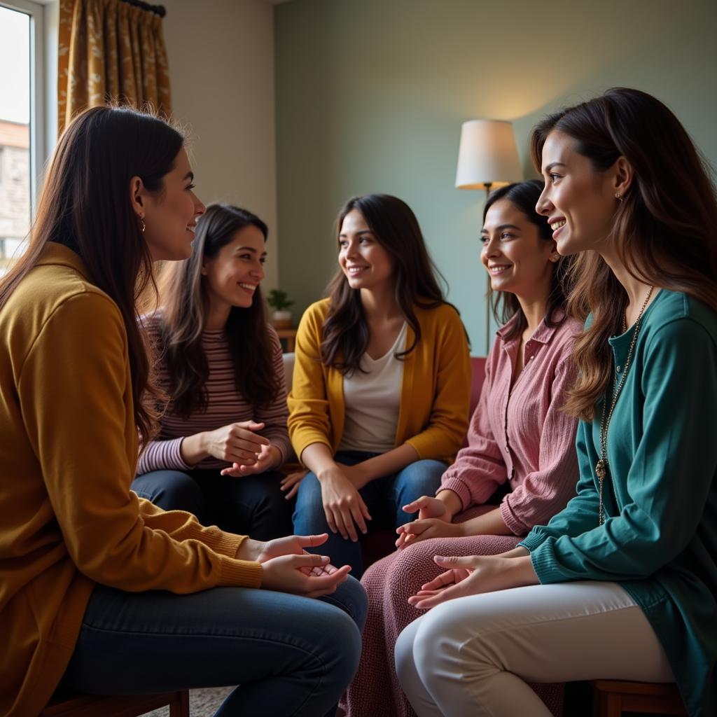 A group of women sharing and discussing sad shayari, finding comfort and strength in each other's experiences.