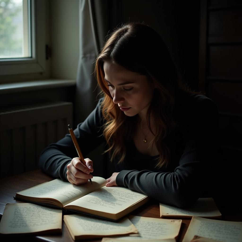 A woman writing sad shayri in a diary