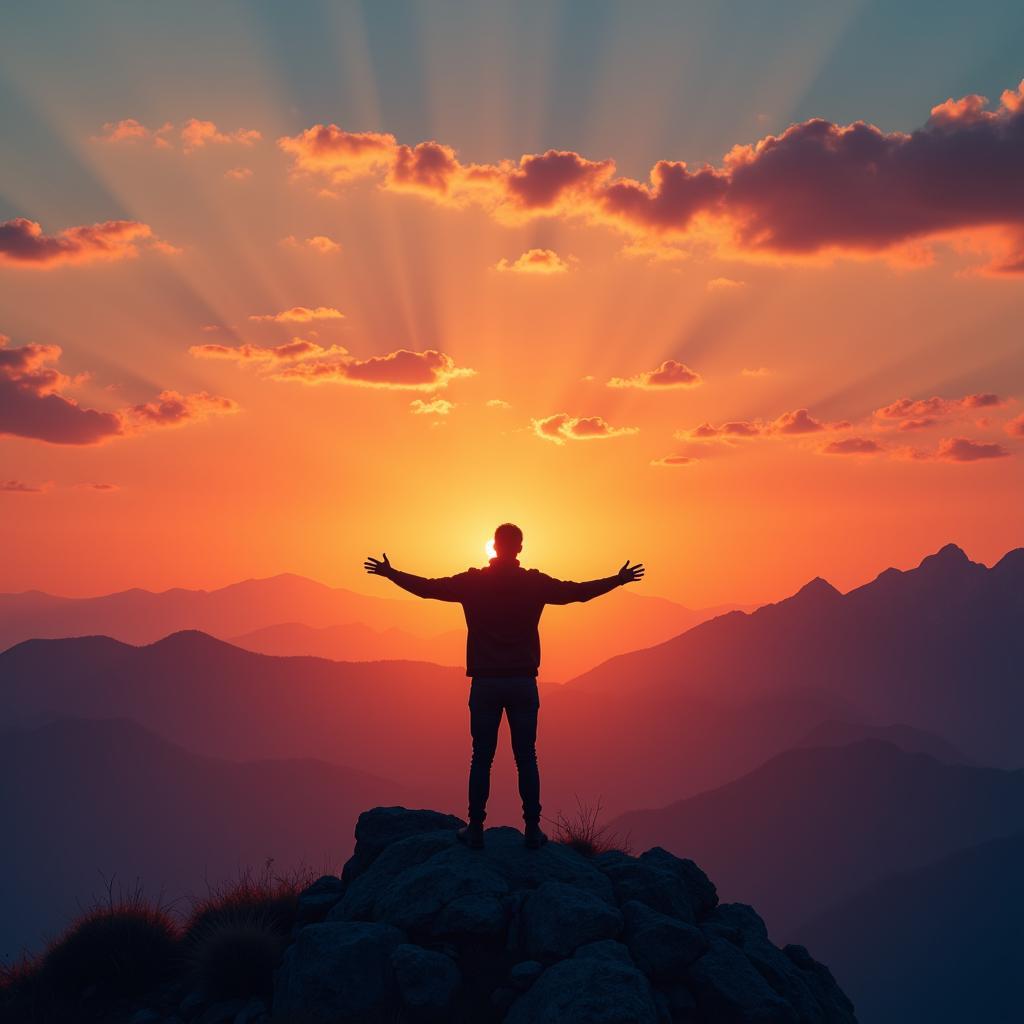 The Power of Safalta Shayari: A person stands on a mountaintop, arms outstretched, symbolizing achievement and the motivational impact of safalta shayari.