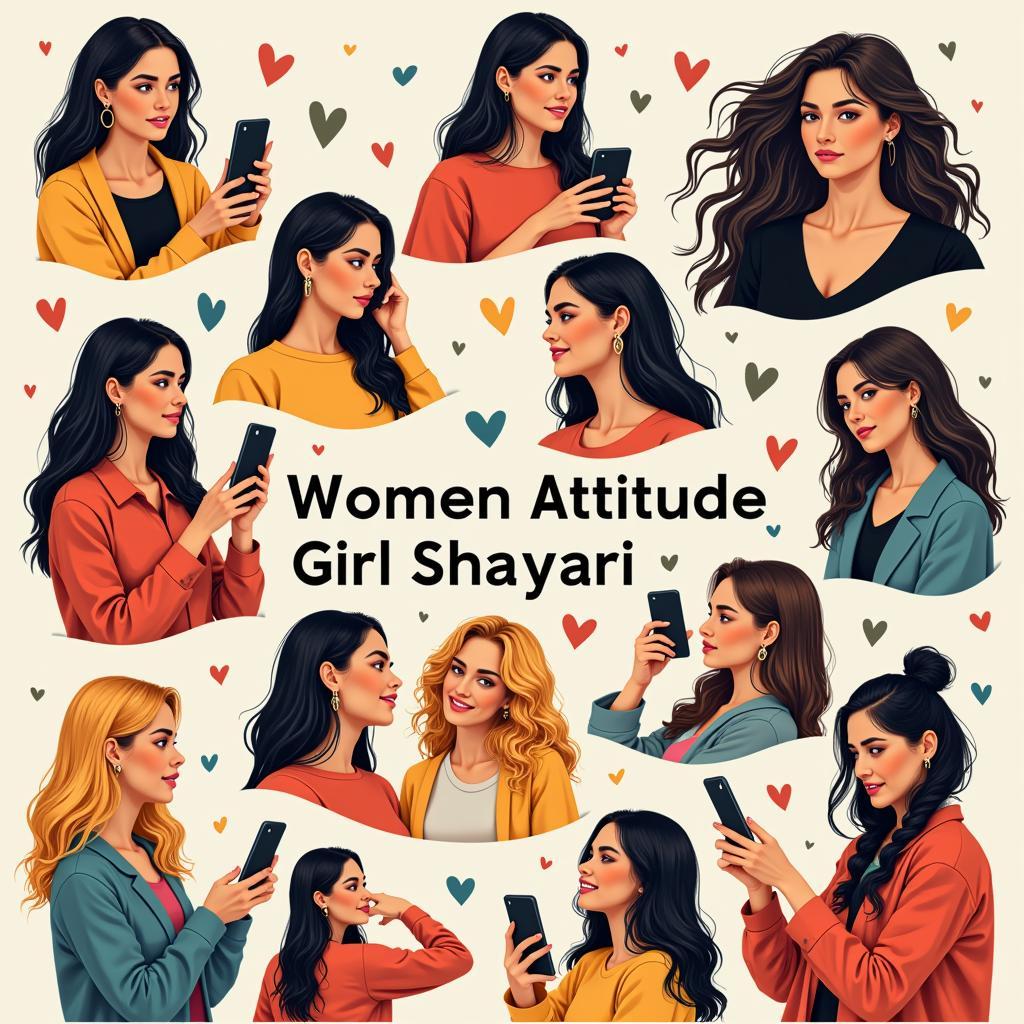 A collage of diverse women sharing attitude girl shayari on their phones, creating a vibrant network of connection and empowerment.