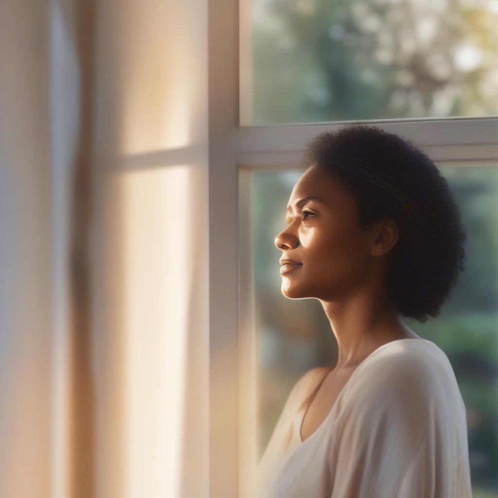 Woman looking out a window, symbolizing hope and moving forward after dealing with matlabi log.