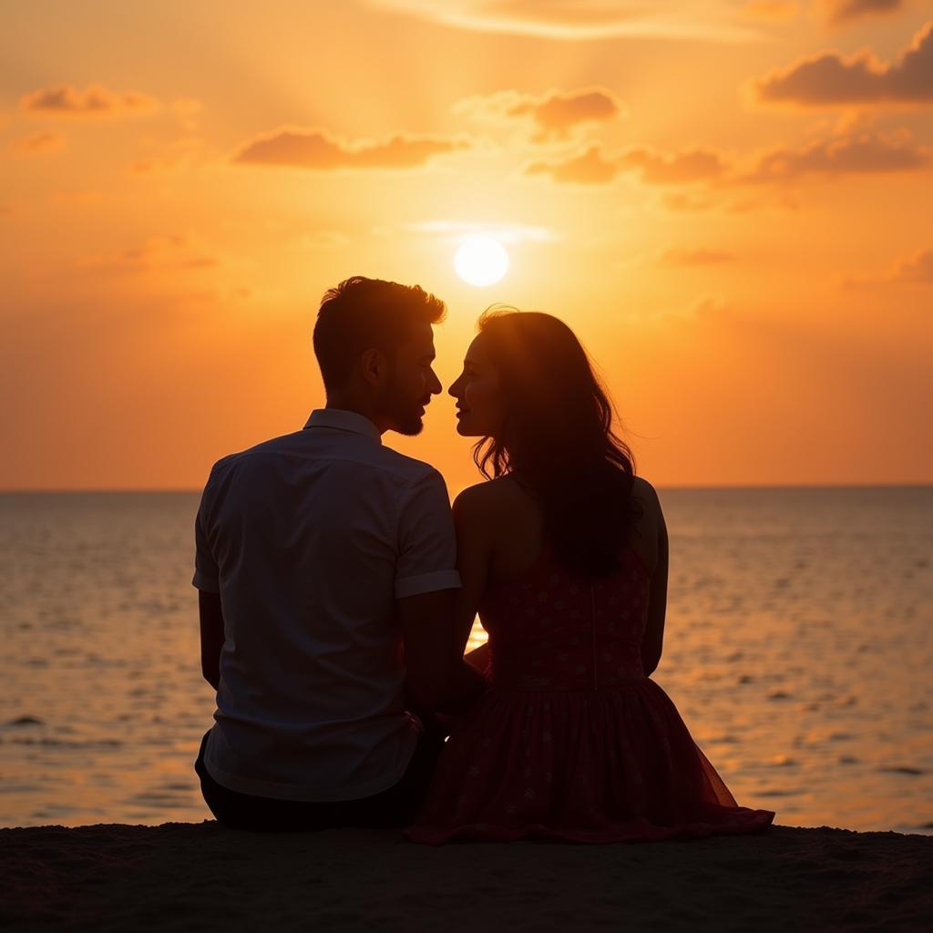 Romantic couple gazing at a sunset, expressing the poetic appreciation of beauty through Hindi shayari.