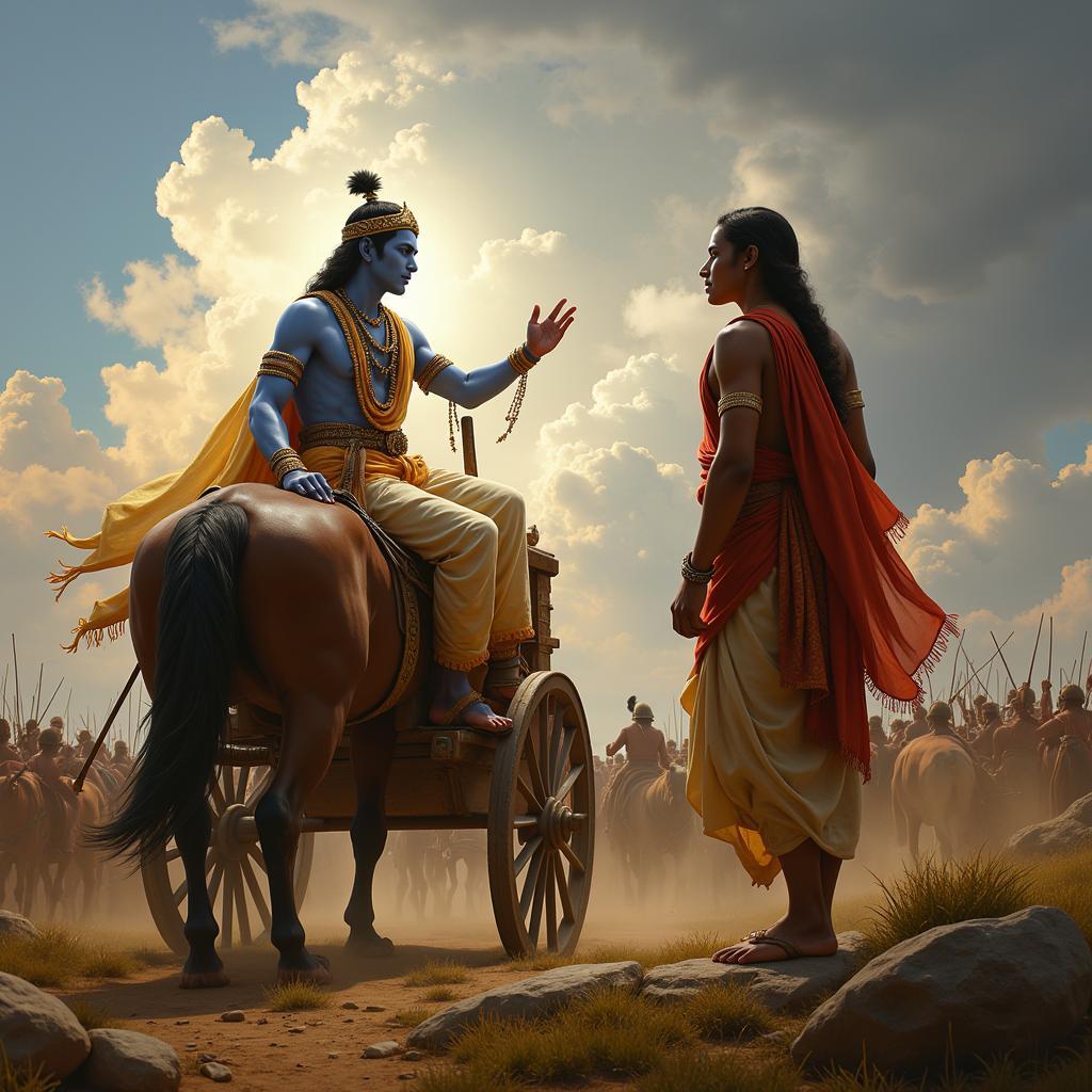 Shree Krishna delivering the Bhagavad Gita to Arjuna