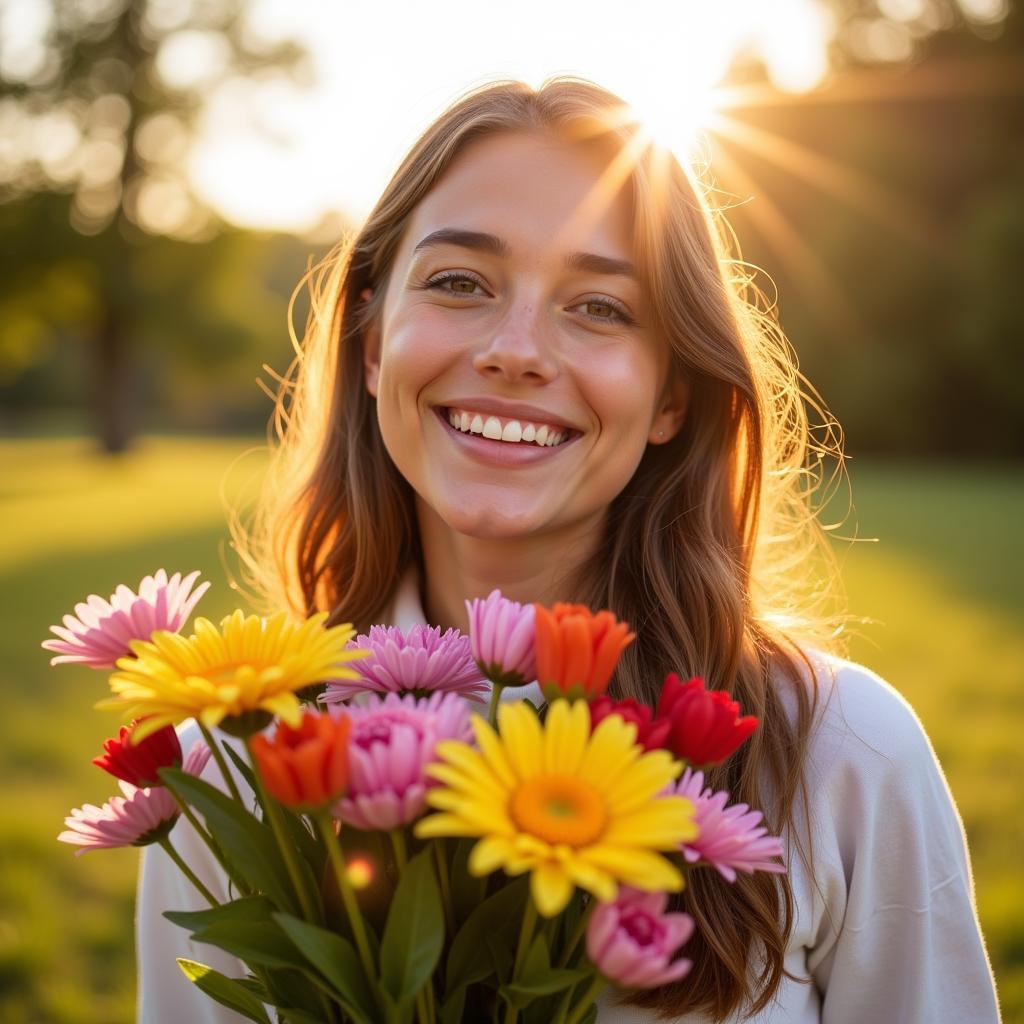 Woman smiling and holding flowers