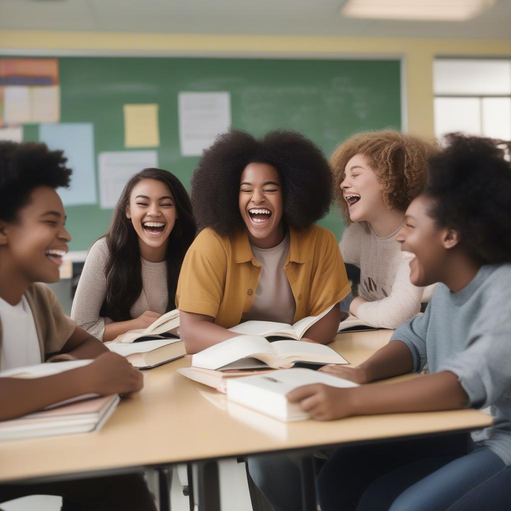 Friends laughing together in a classroom