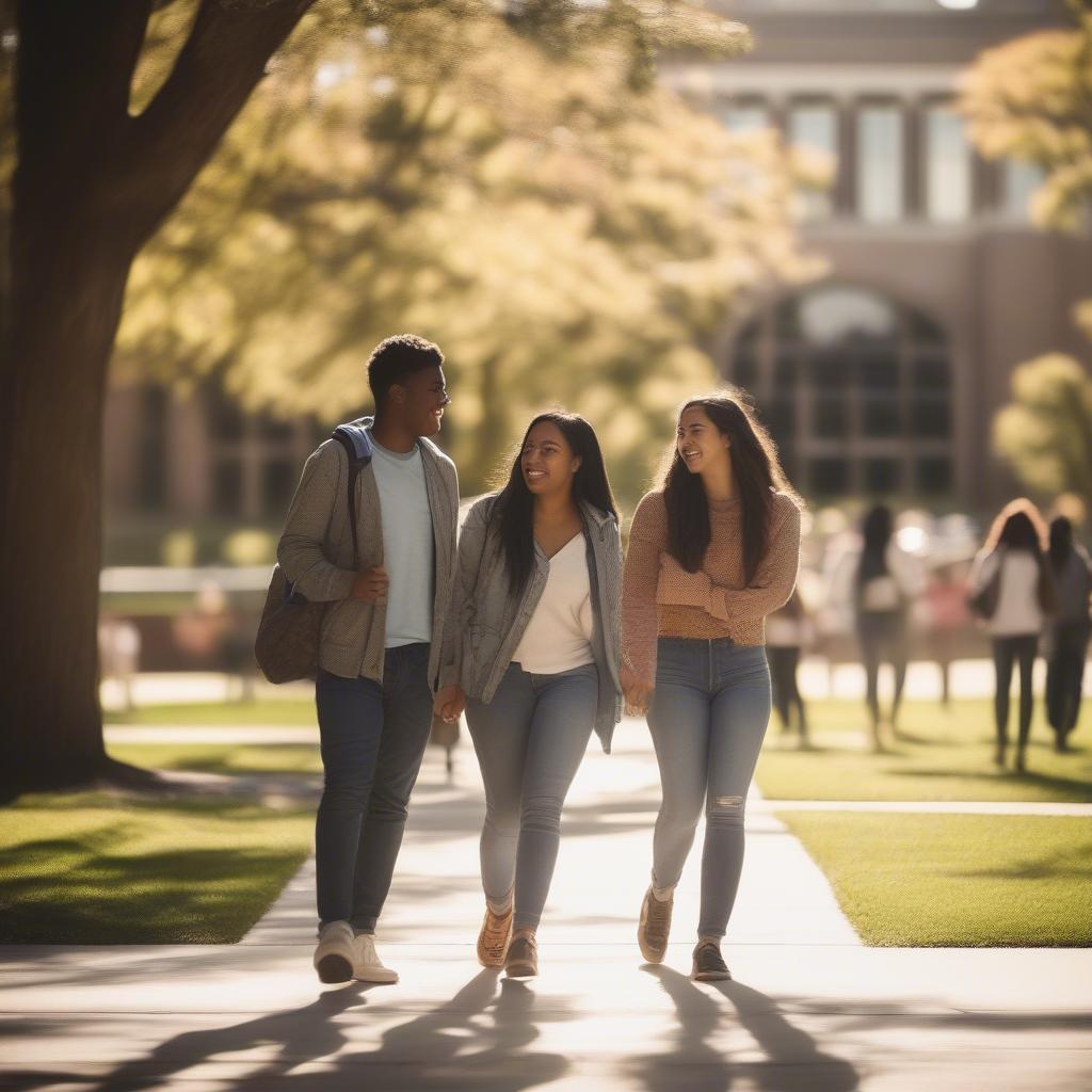 Two students walking and talking on a college campus.