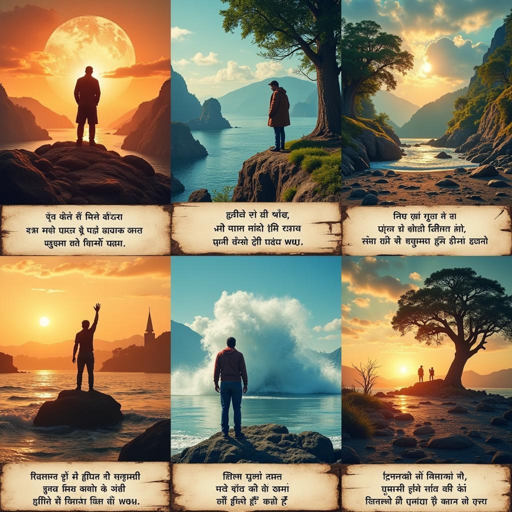 Visually appealing graphics with Hindi success shayari overlaid. Each image depicts a different scenario related to achieving goals, overcoming obstacles, and celebrating success.