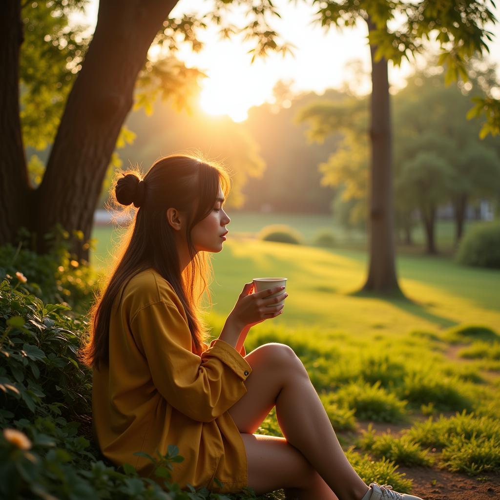 Enjoying a cup of tea in the morning sun