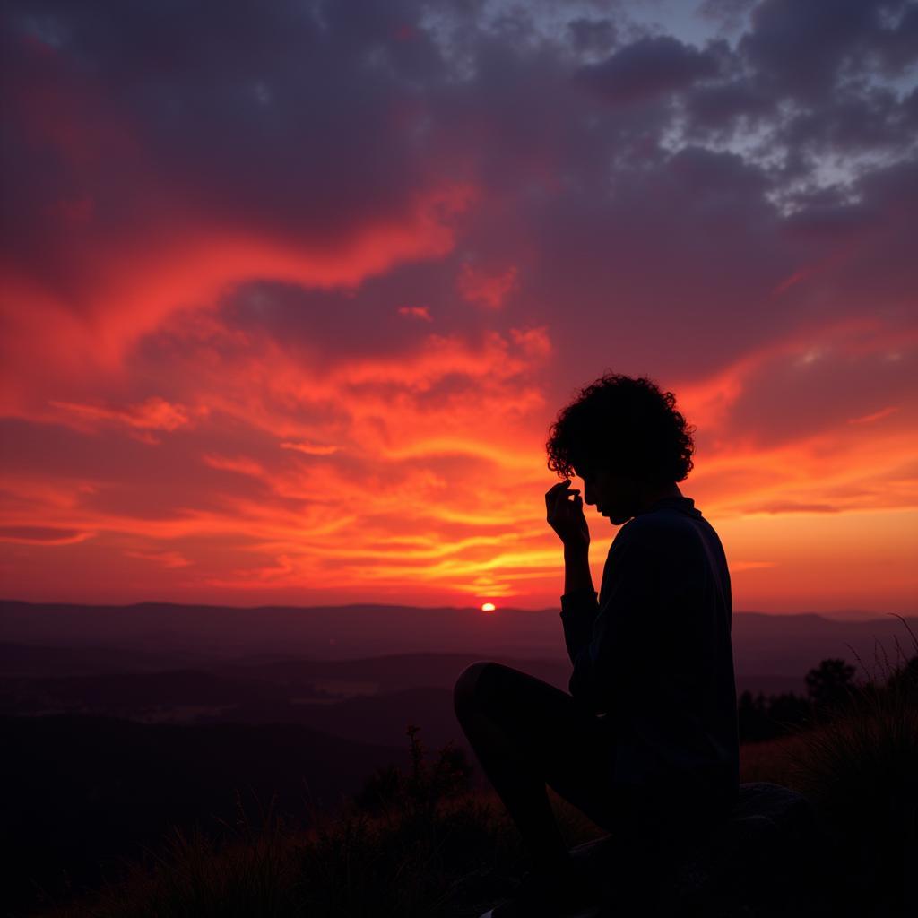 A silhouette of a person standing against a sunset, their head bowed in sorrow. The sky is a mix of orange, red, and purple hues, symbolizing the complex emotions of loss and reflection.