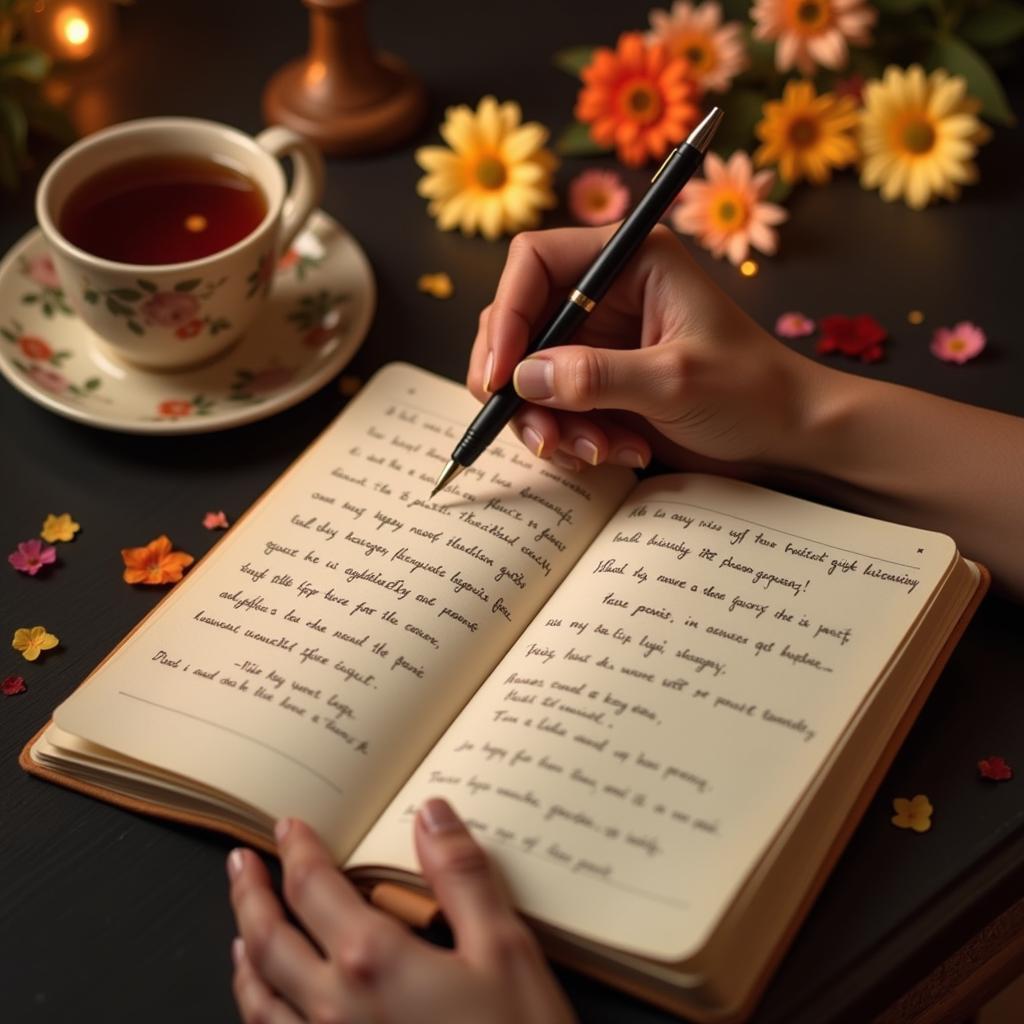 A person writing romantic true love shayari in a journal.