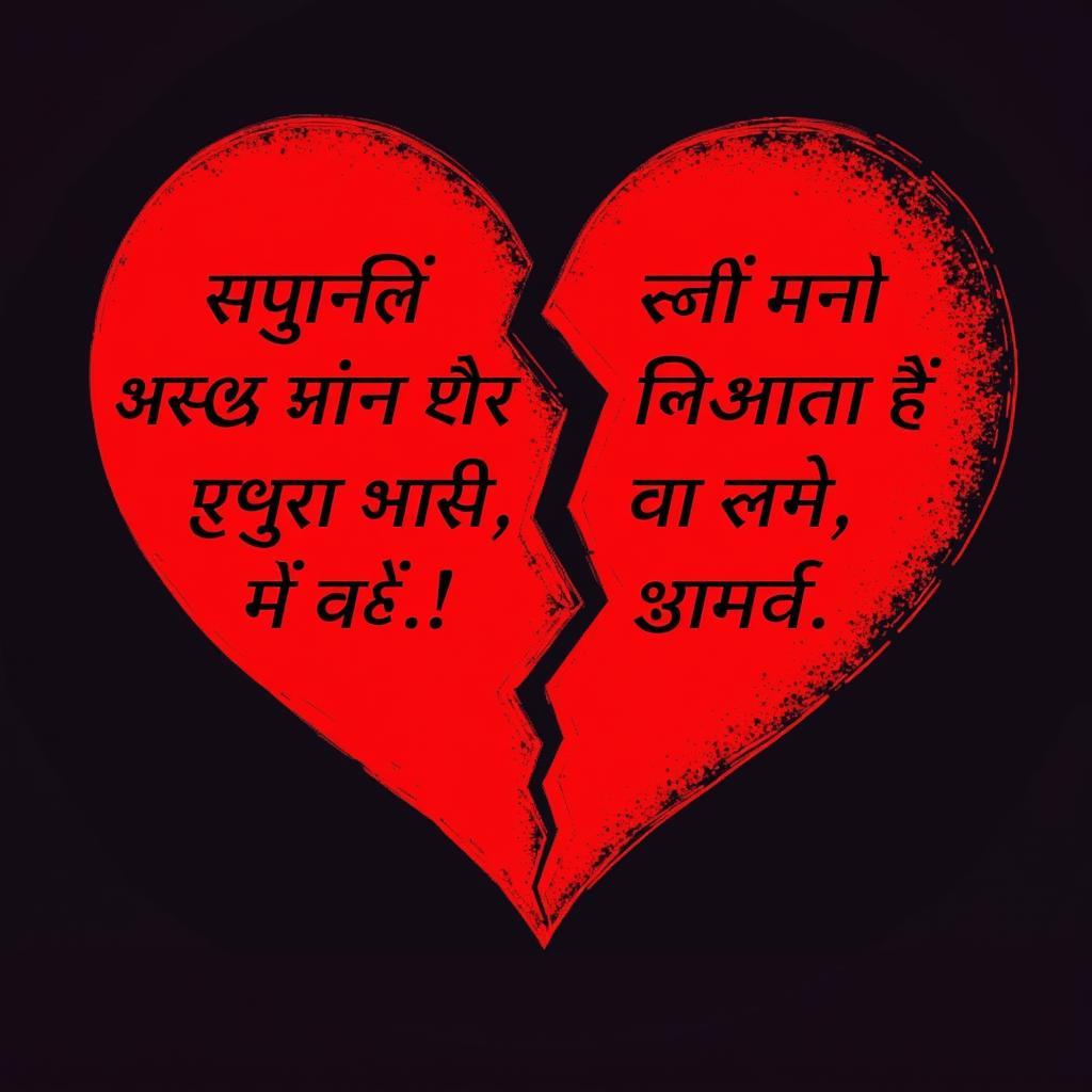 Image depicting a broken heart with Hindi script symbolizing sad shayari