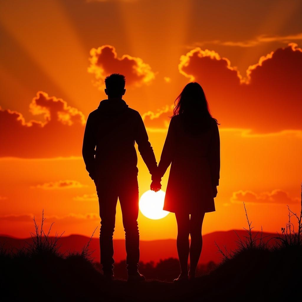 Two lovers holding hands, gazing at a sunset