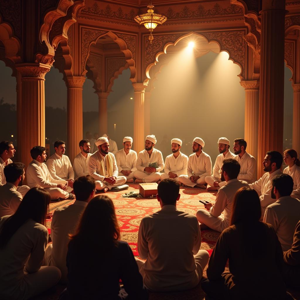 A group of people engaged in a mushaira, a traditional Urdu poetry gathering.