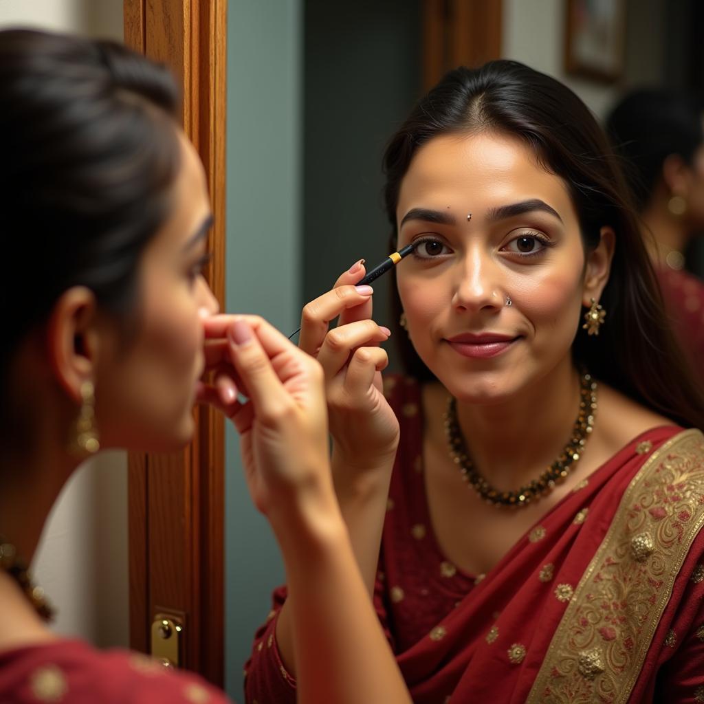 Woman applying kajal while looking in a mirror.