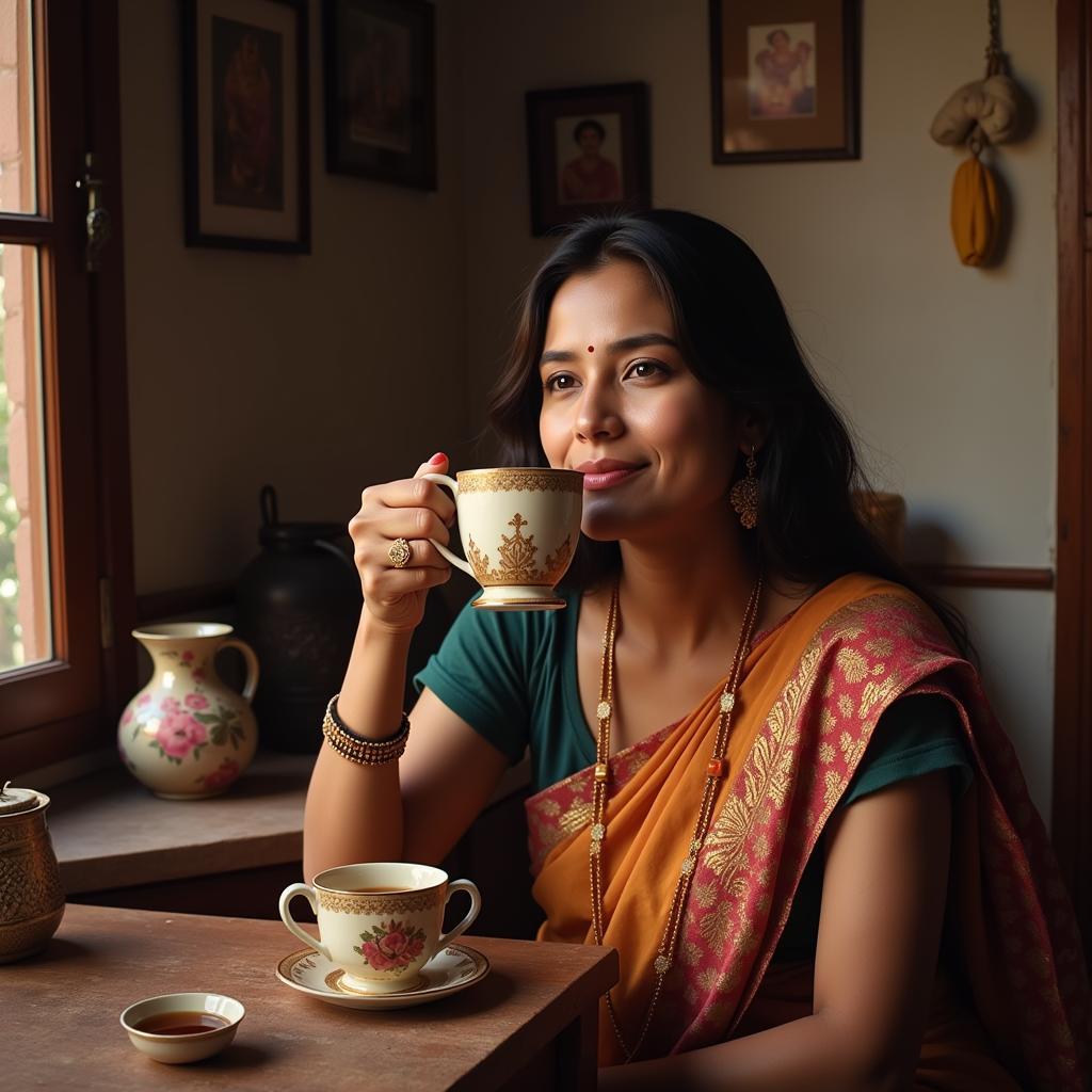 Woman Enjoying Chai in Marathi Home