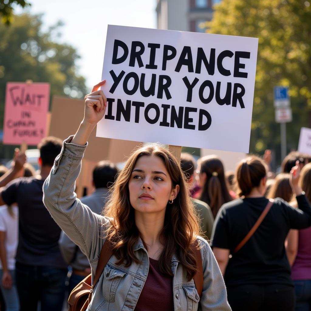 A woman holding a sign and leading a peaceful protest.