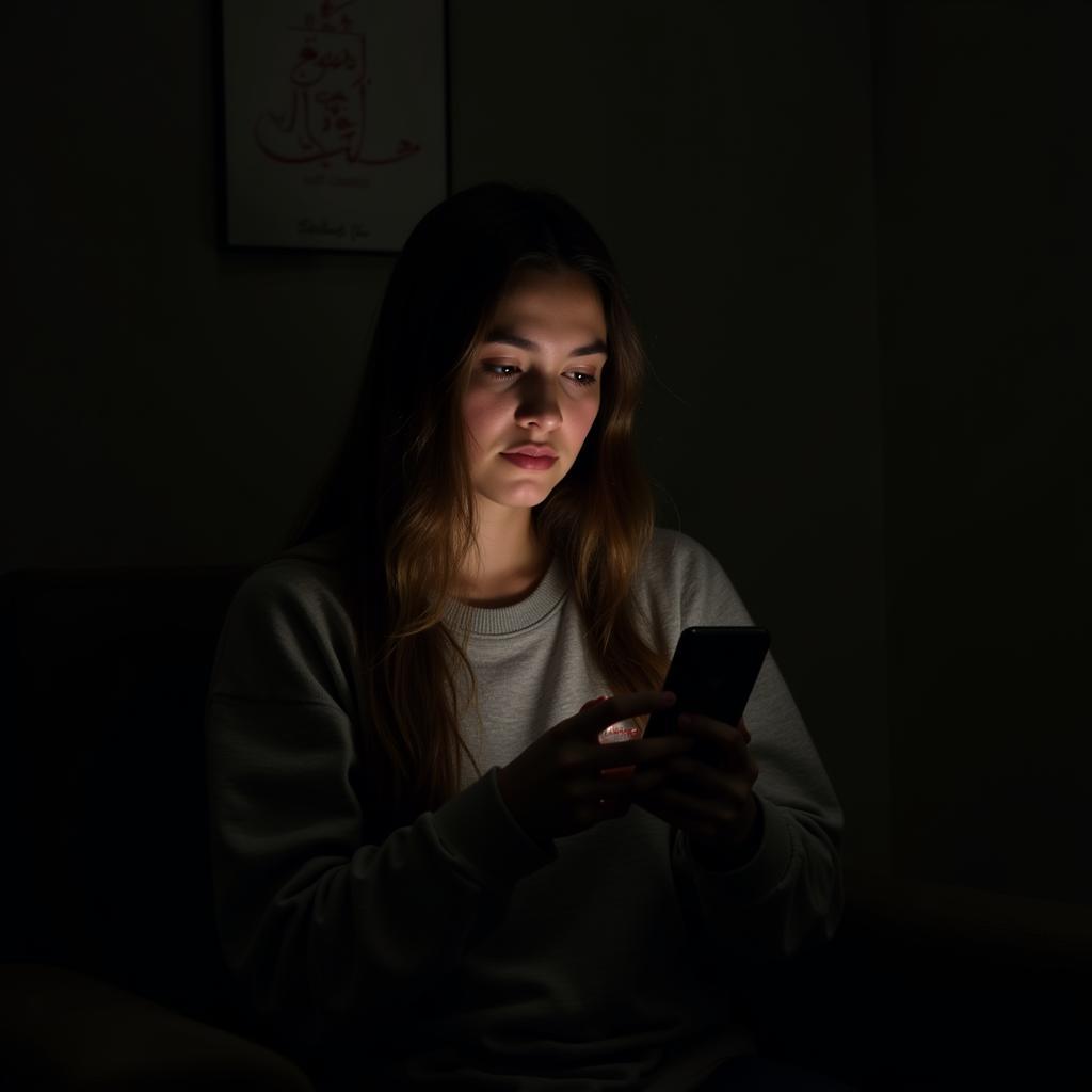 A woman reading sad shayari on her phone