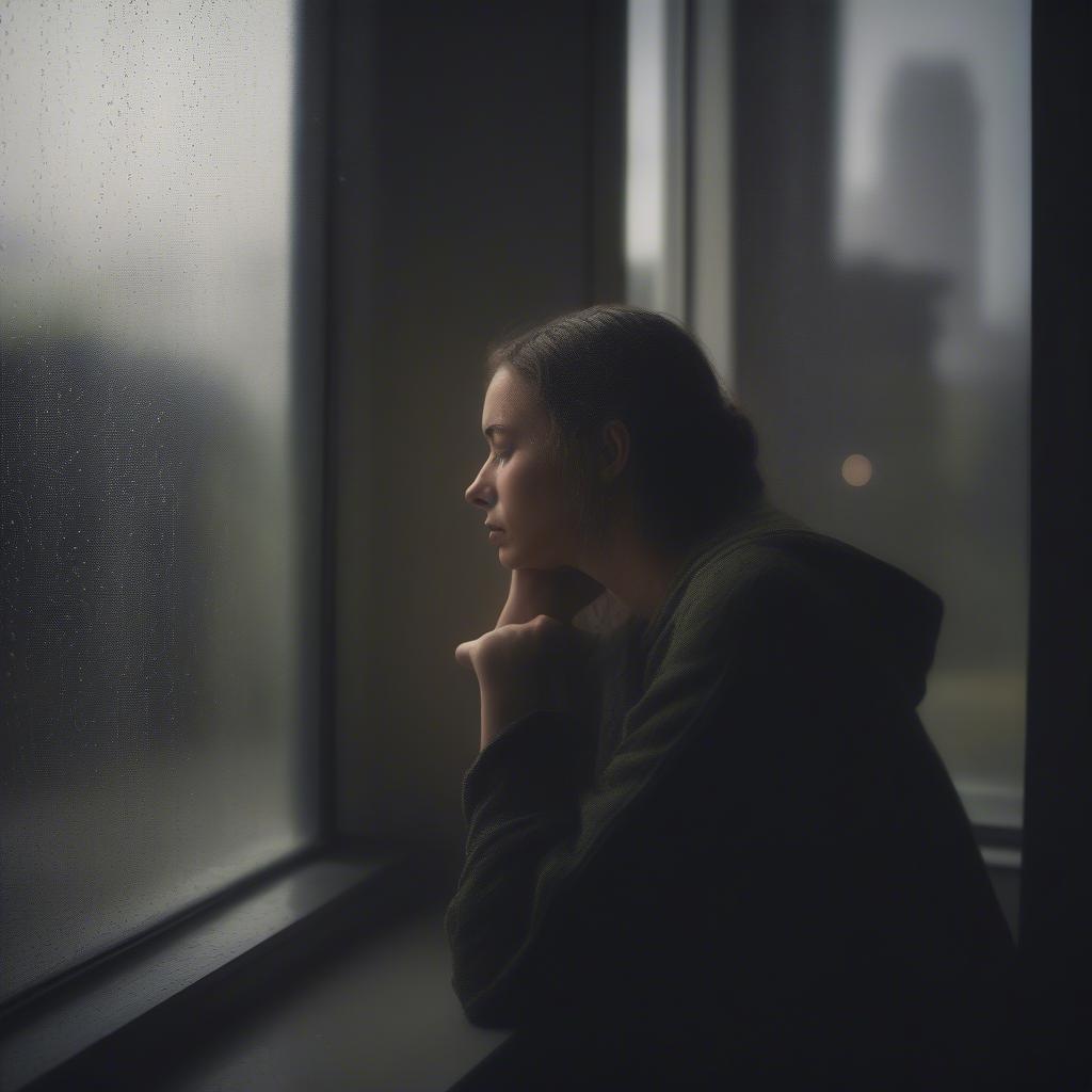 Woman Gazing at Rain Through a Window