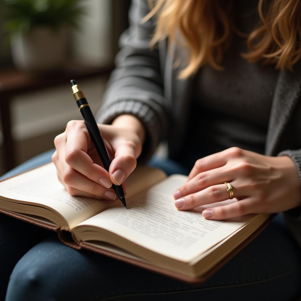 Woman Writing Poetry in a Notebook with a Pen