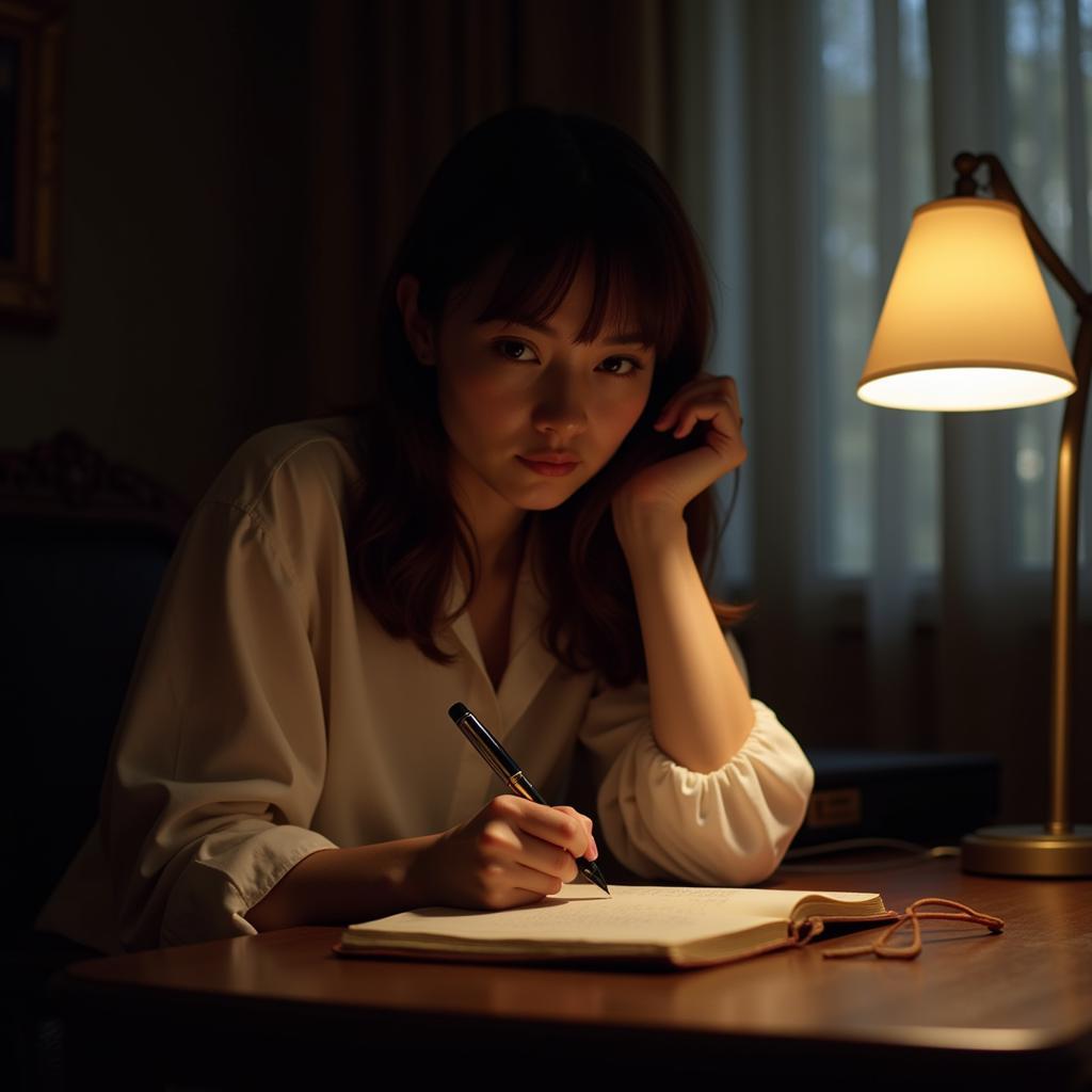 Woman Writing in a Diary with a Pen