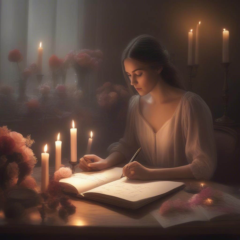 A woman writing romantic shayari in a notebook, surrounded by candles and flowers, showcasing the creative process.