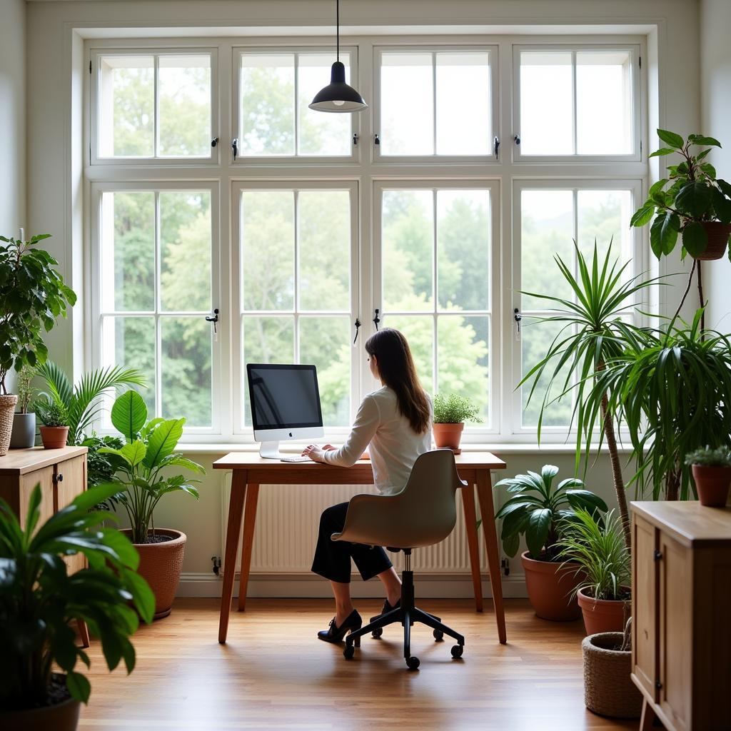 A woman working from her home office, surrounded by plants and natural light.