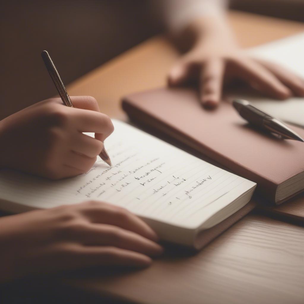 A woman writing shayari in a notebook, with a pen in her hand and a thoughtful expression.