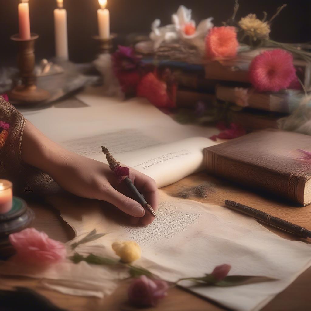 Crafting Beautiful Poetry: A writer's hand penning verses on a parchment, surrounded by books and flowers, reflecting the creative process of composing shayari.