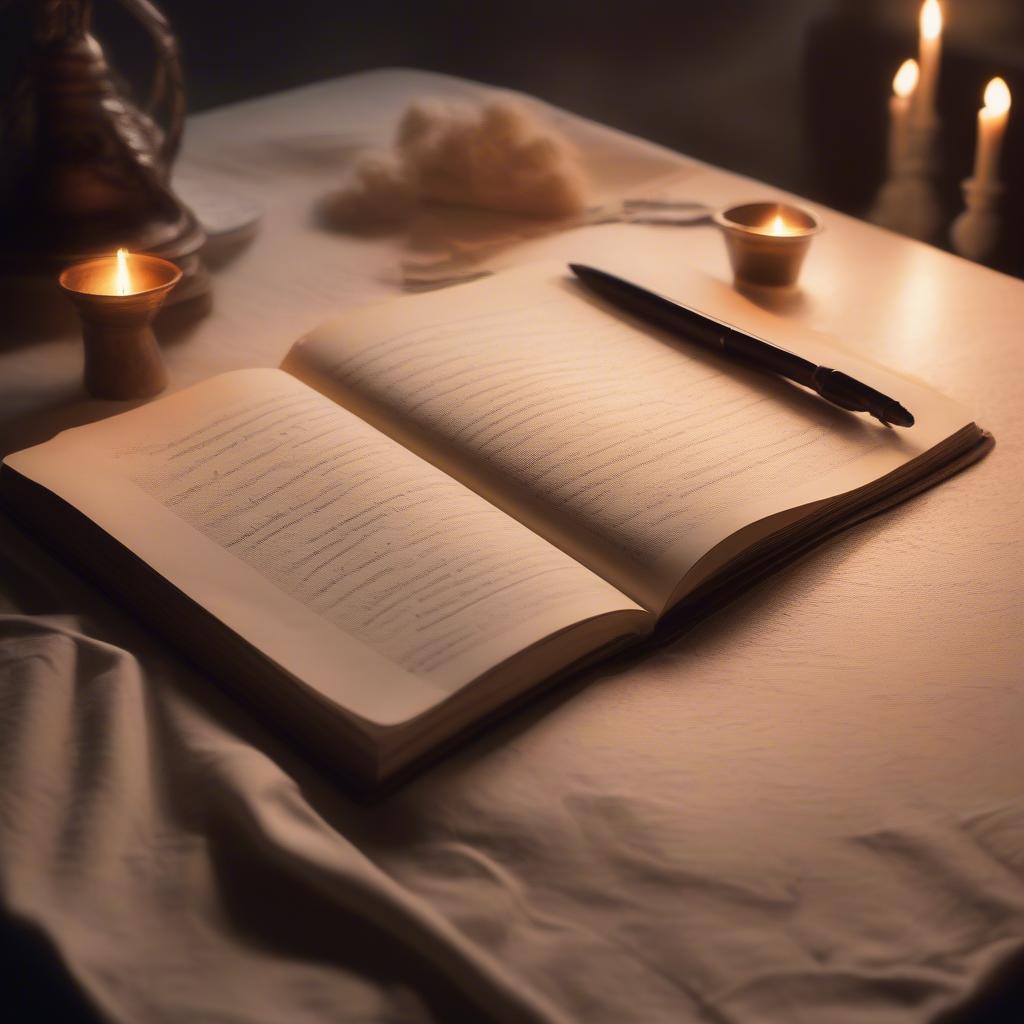 A person writing in a journal, pen in hand, surrounded by flickering candles, symbolizing the creative process of writing love dua shayari.